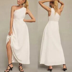 Farm Rio One-Shoulder A-Line Linen Maxi Dress in Ivory White XS